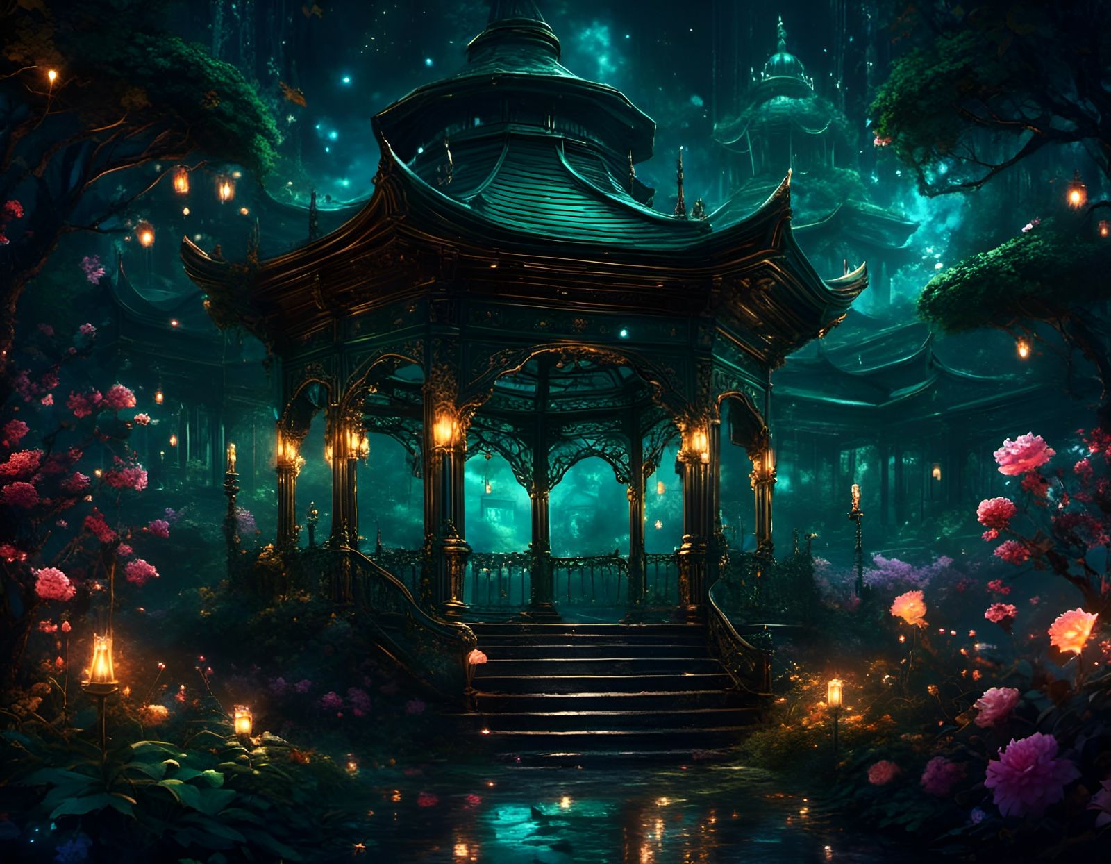 Glittery Dark Academia Garden at Night