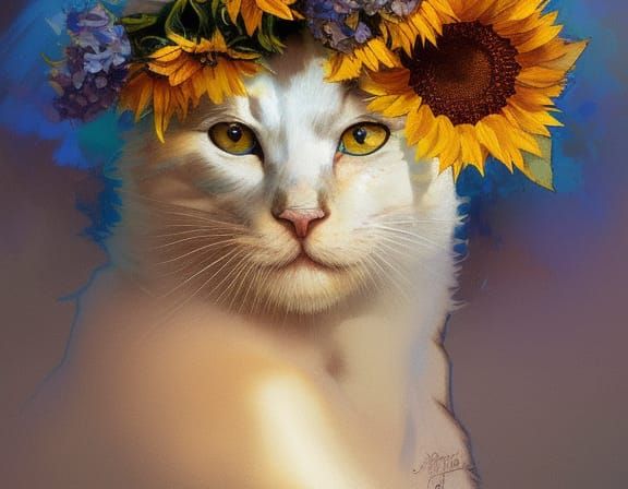 Paper Cats Playing in Sunflowers, Digital Art