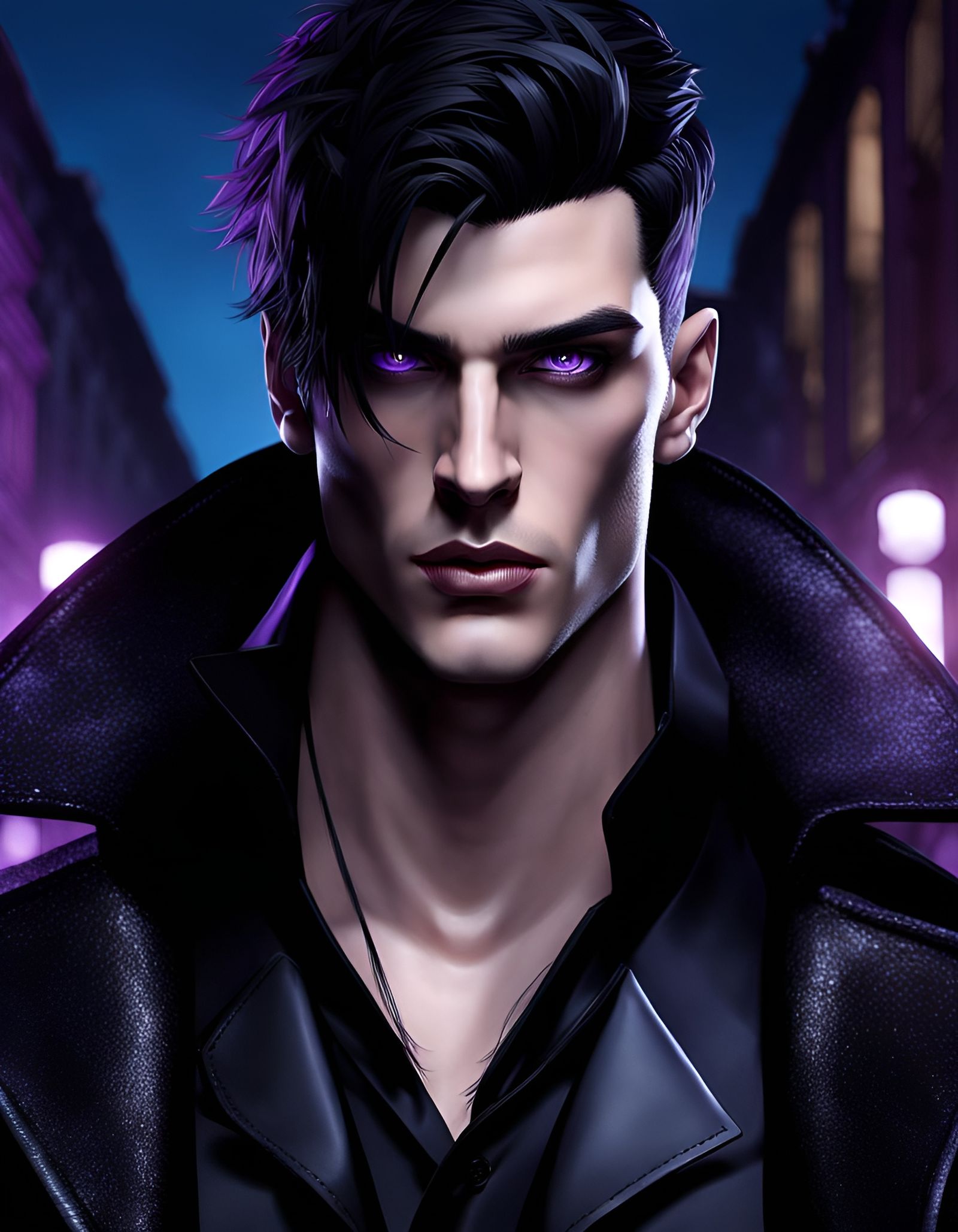 Handsome Goth Man with Purple Eyes in Digital Art