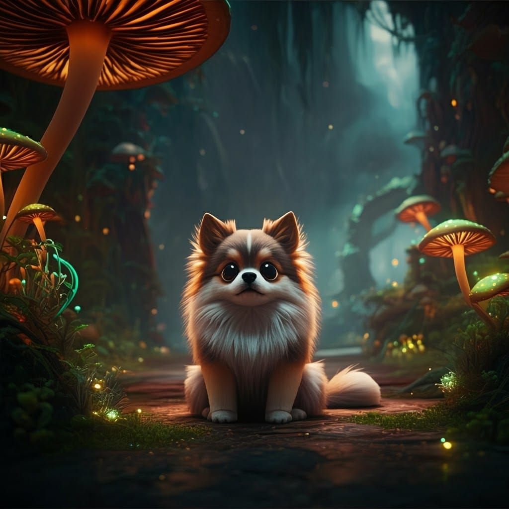 Dreamlike Dog in Mystical Glowing Forest