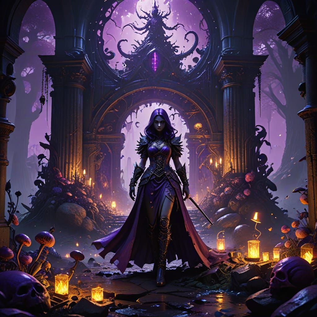 Dark Wonderland Macabre Masterpiece in Vibrant Purple and Ye...