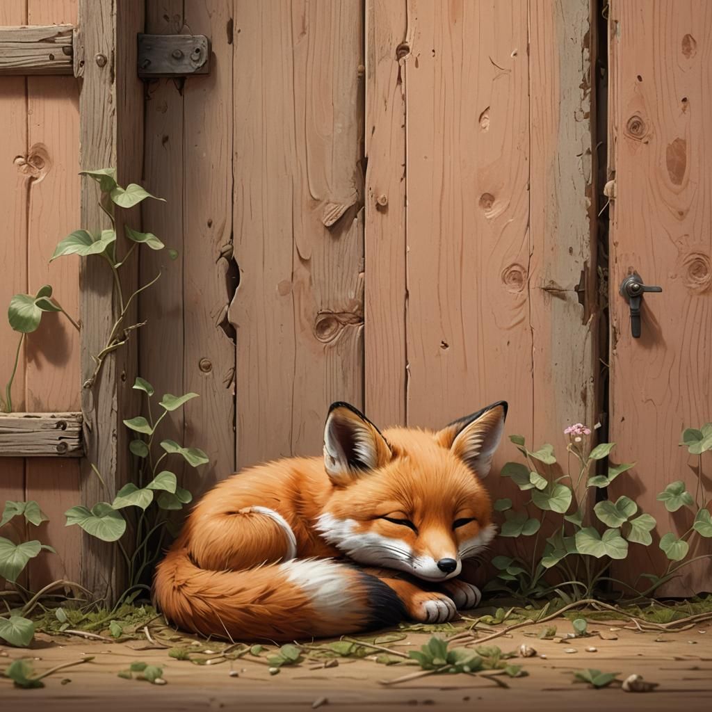 Sleeping Baby Fox in Rustic Barn: Digital Painting
