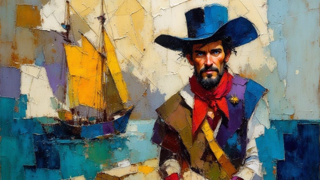 Rugged Pirate at Docks, Impressionist Oil Painting