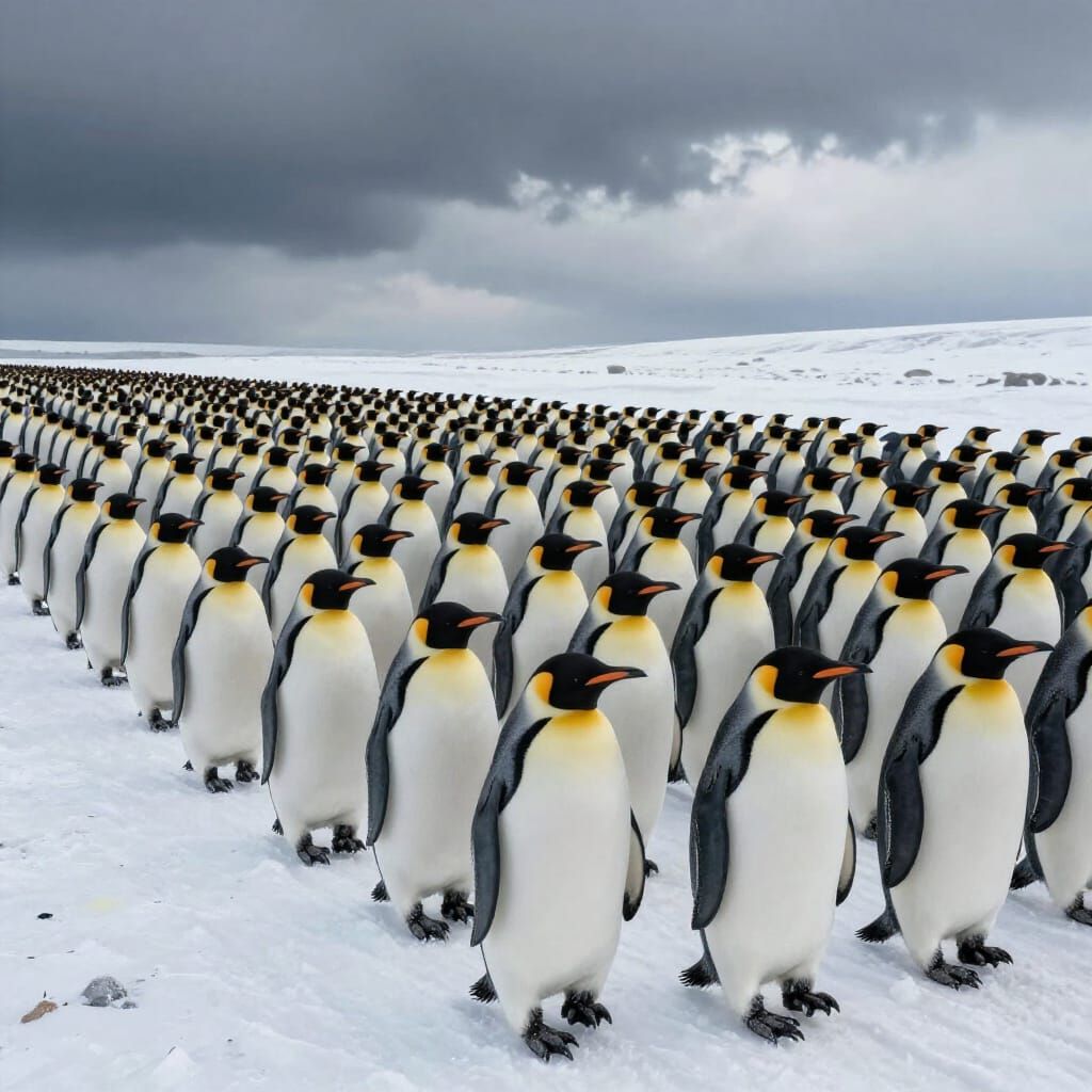Penguin Army Marches in Cinematic Hyperrealism