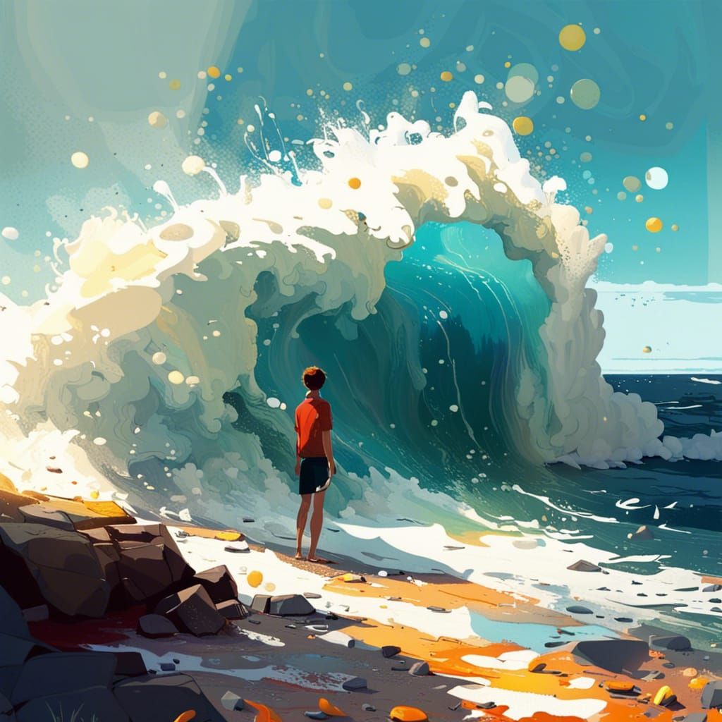 Crashing Wave on Rocky Coast in Splash Art Style