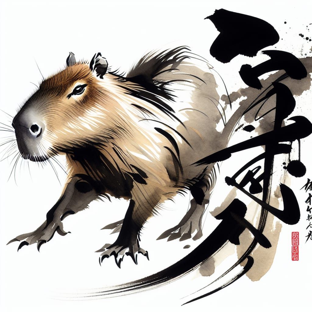 Menacing Capybara in Japanese Watercolor Calligraphy