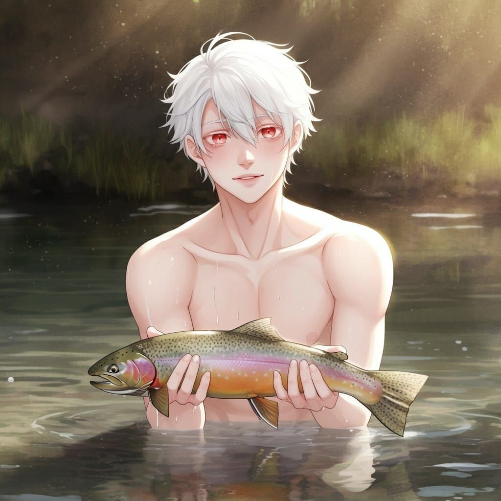 25 yearold albino male with white hair and red eyes standing...