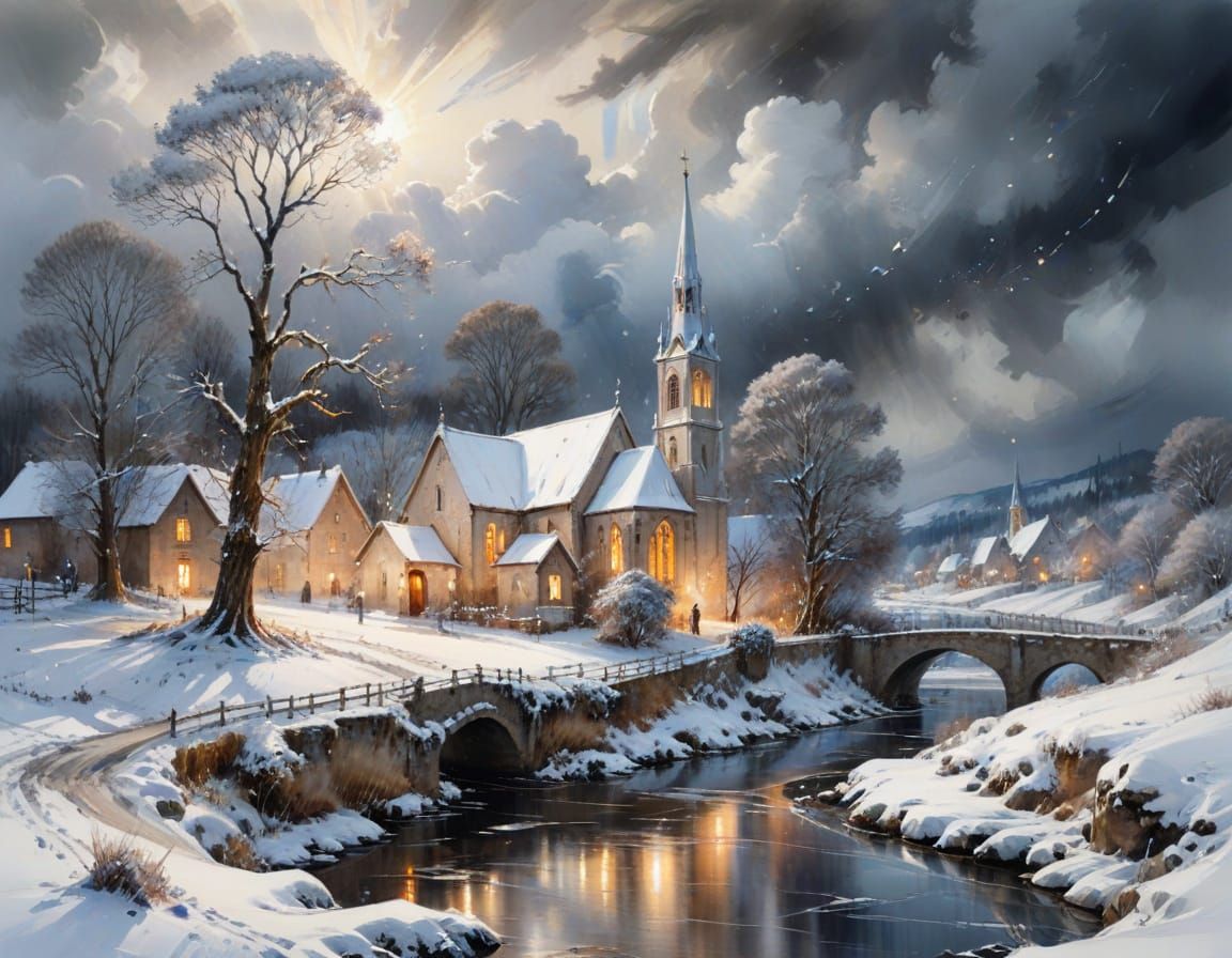 Winter Village Landscape in Hyper-Realistic Style