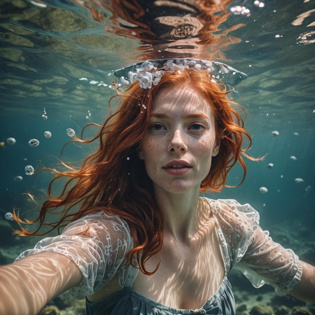 Underwater Selfie of Redhaired Woman in Ocean