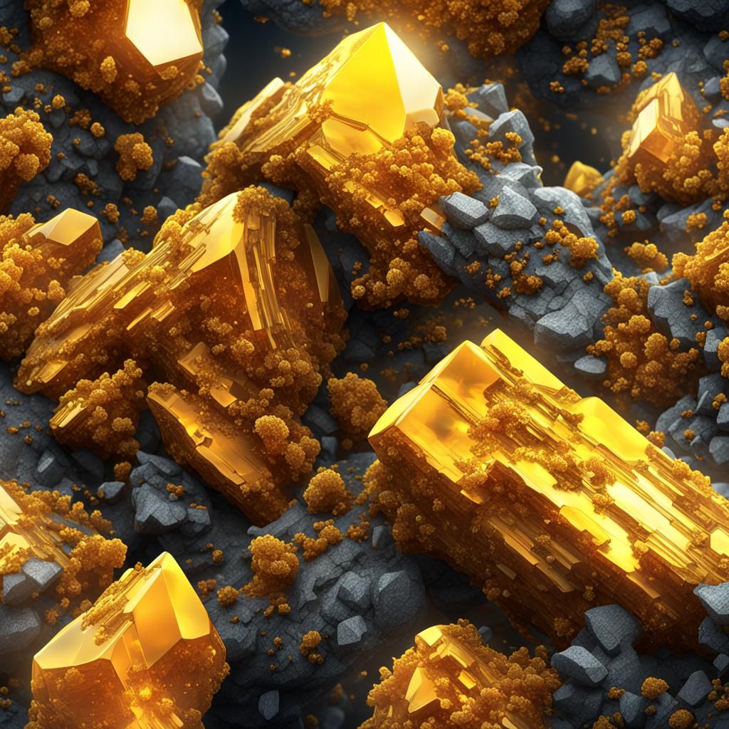 A Vibrant golden yellow wulfenite crystals growing with mimetite. Close up profile ‍ brilliance