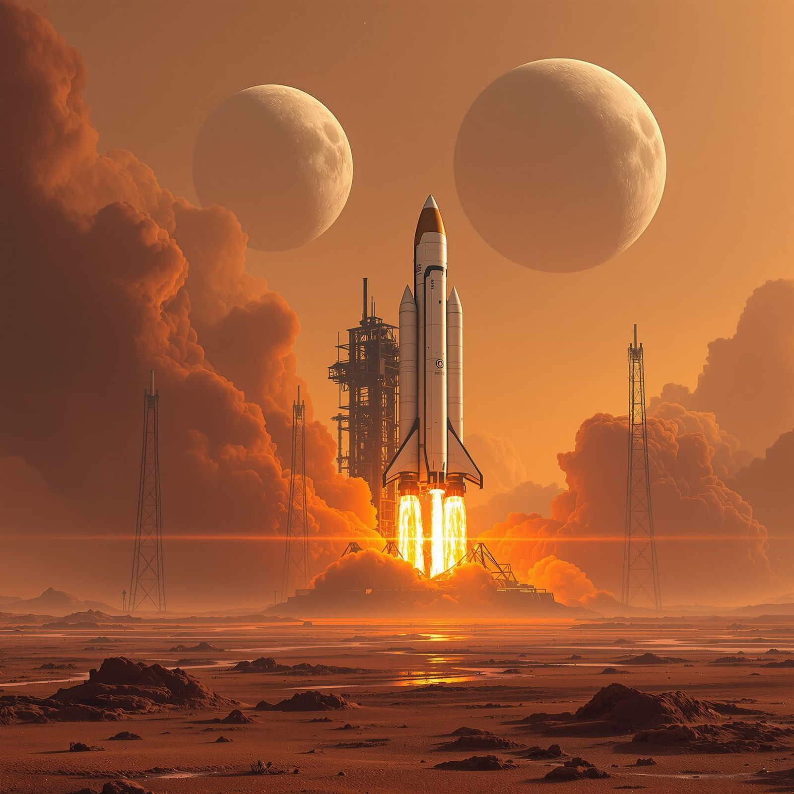 Epic Mars Rocket Launch with Twin Moons