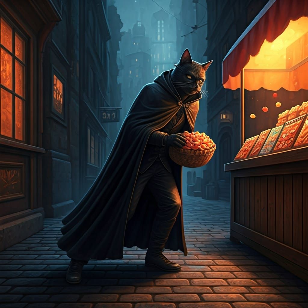 Shadowy Cat Villain Steals Snacks: Film Noir Aesthetic