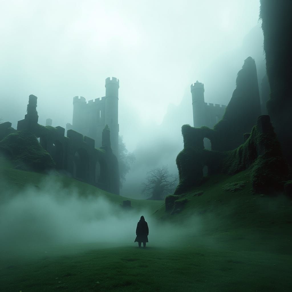 Misty Emerald Valley with Ancient Ruins