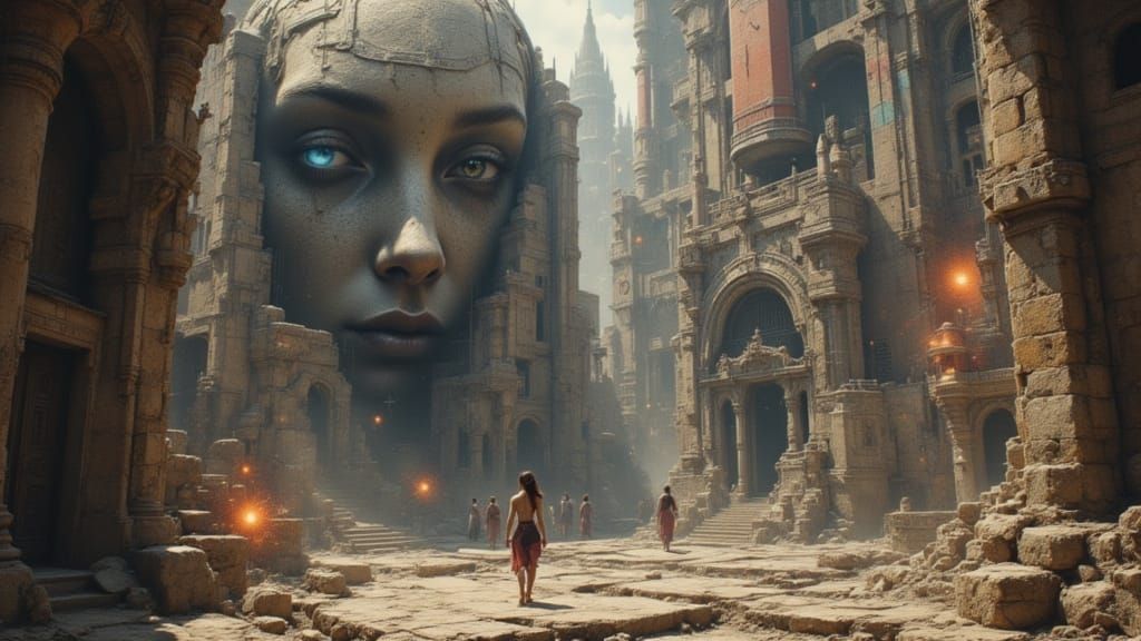 Ancient Alien City with Colossal Faces, Epic 3D Game Cinemat...