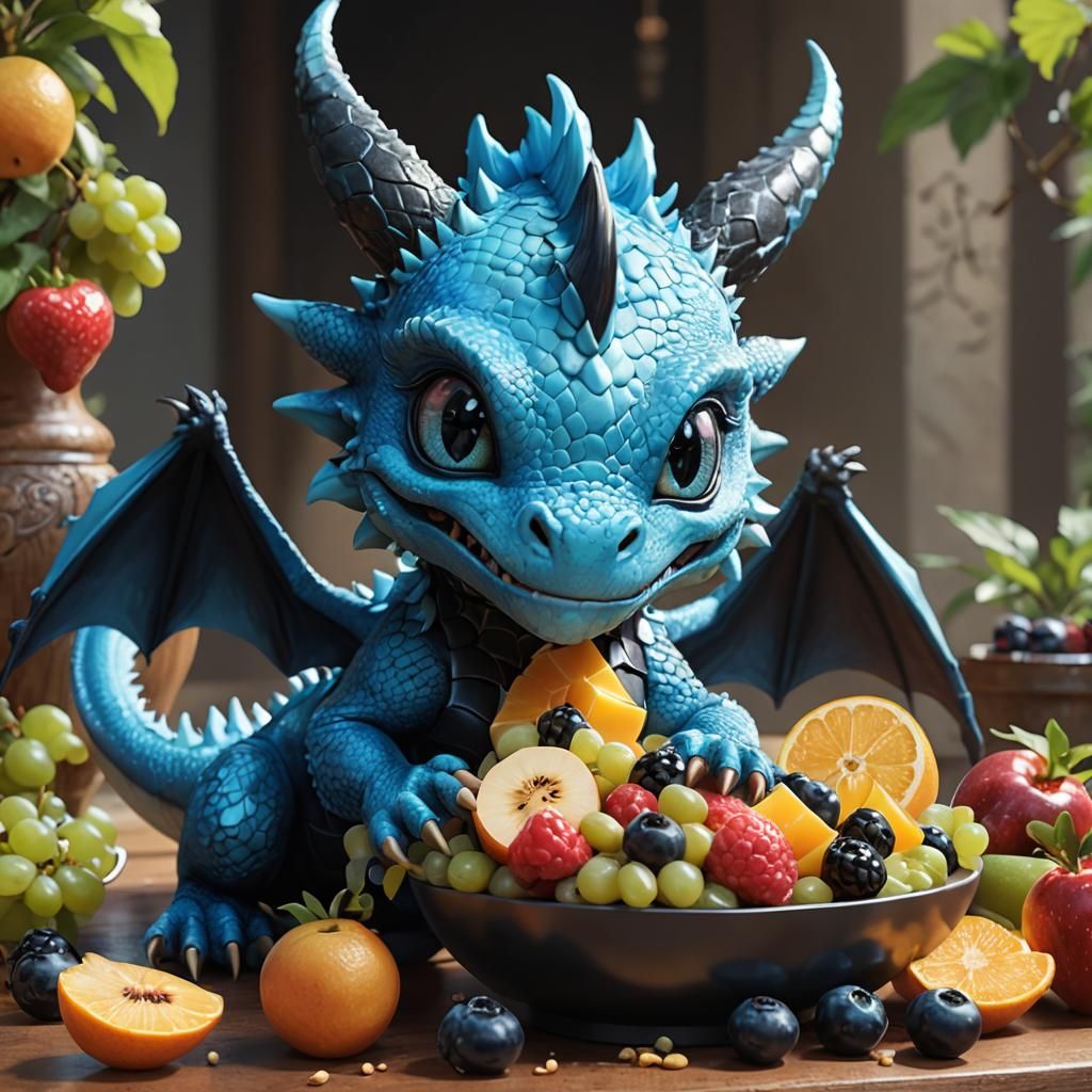 Cute Blue Dragon Eating Fruit: 3D Anime Art