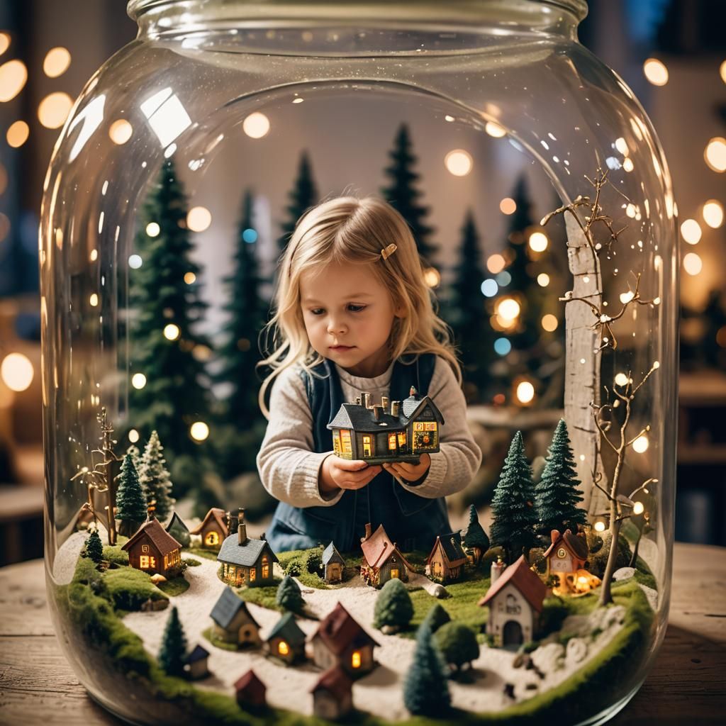Girl Peering into a Miniature Fairy Village