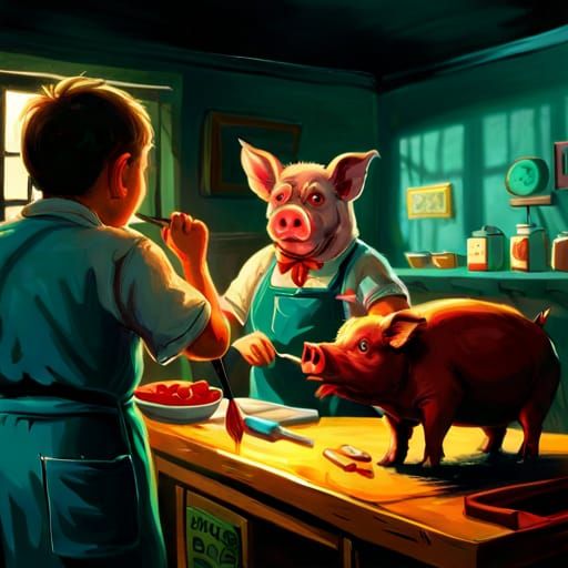 Butcher Pig with Human Hand: Dramatic Oil Painting