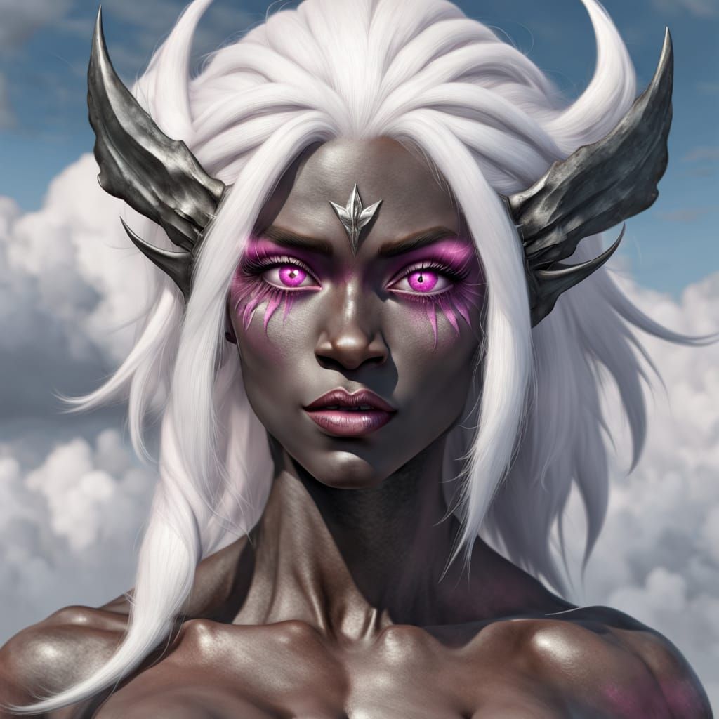 Powerful Drow Woman Ascends Through Clouds
