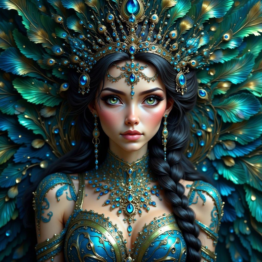 Regal Peacock Woman Portrait in Hyperrealistic Style