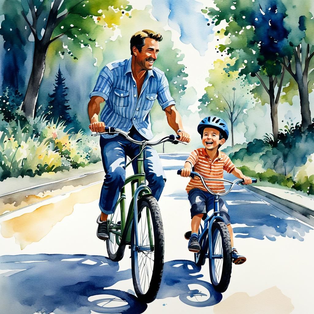 Happy Boy Cycling with Father: Watercolor Summer Morning