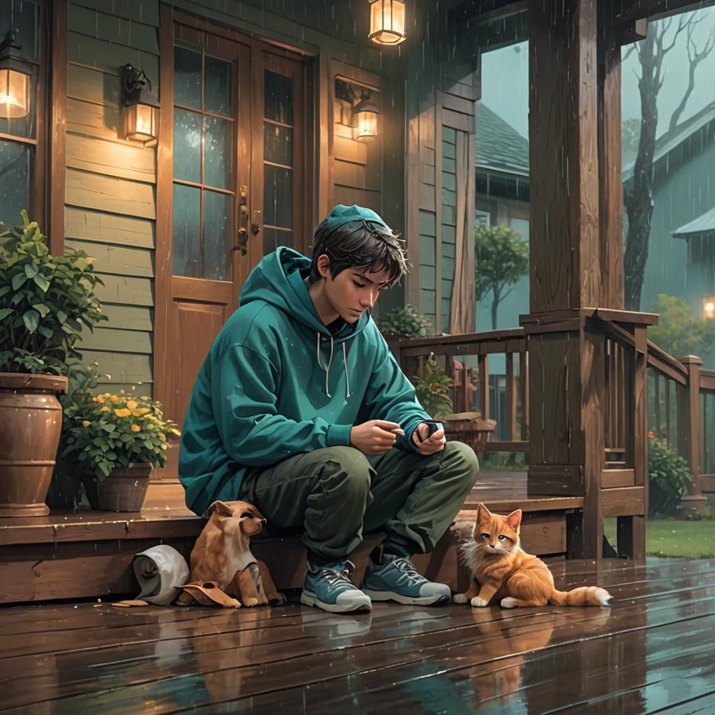 Lofi Boy Petting Cat and Dog in Rain