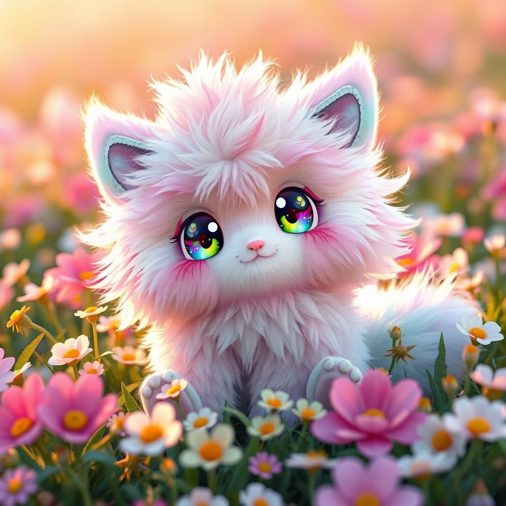 Adorable Rainbow Creature in a Pastel Flower Field