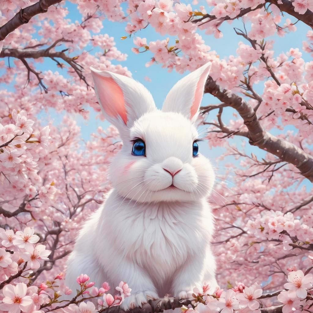 Anime Bunny Under Cherry Blossoms in Watercolor Style