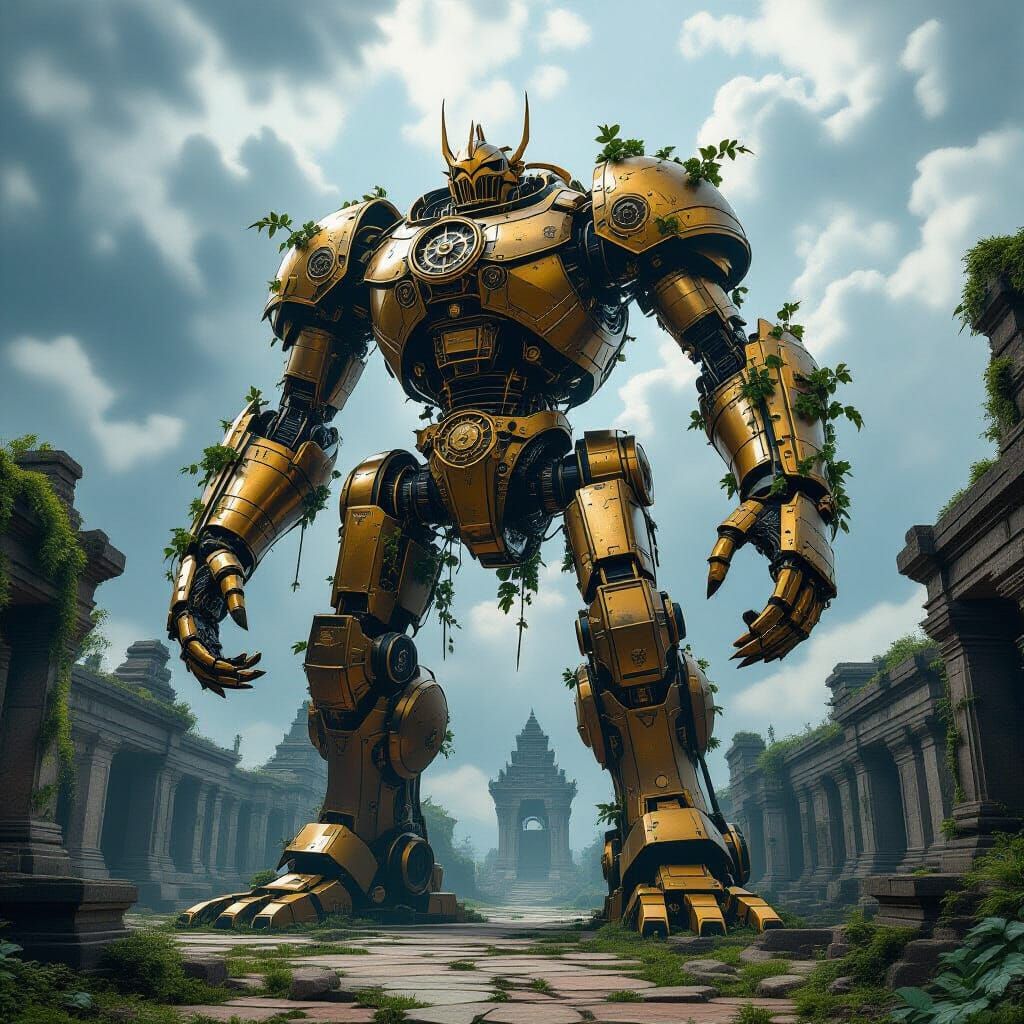 Colossal Brass Automaton Guards Overgrown Temple
