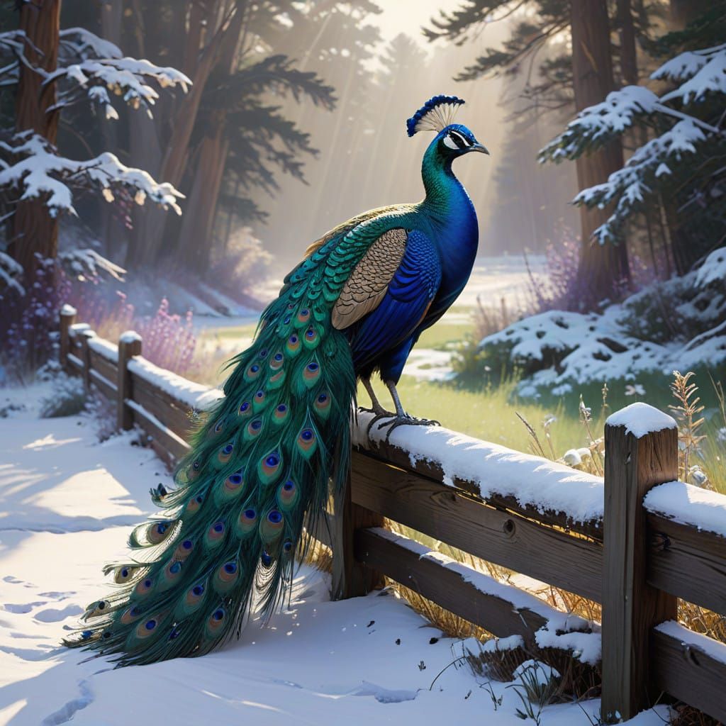 Vibrant Peacocks in Serene Snowy Landscape