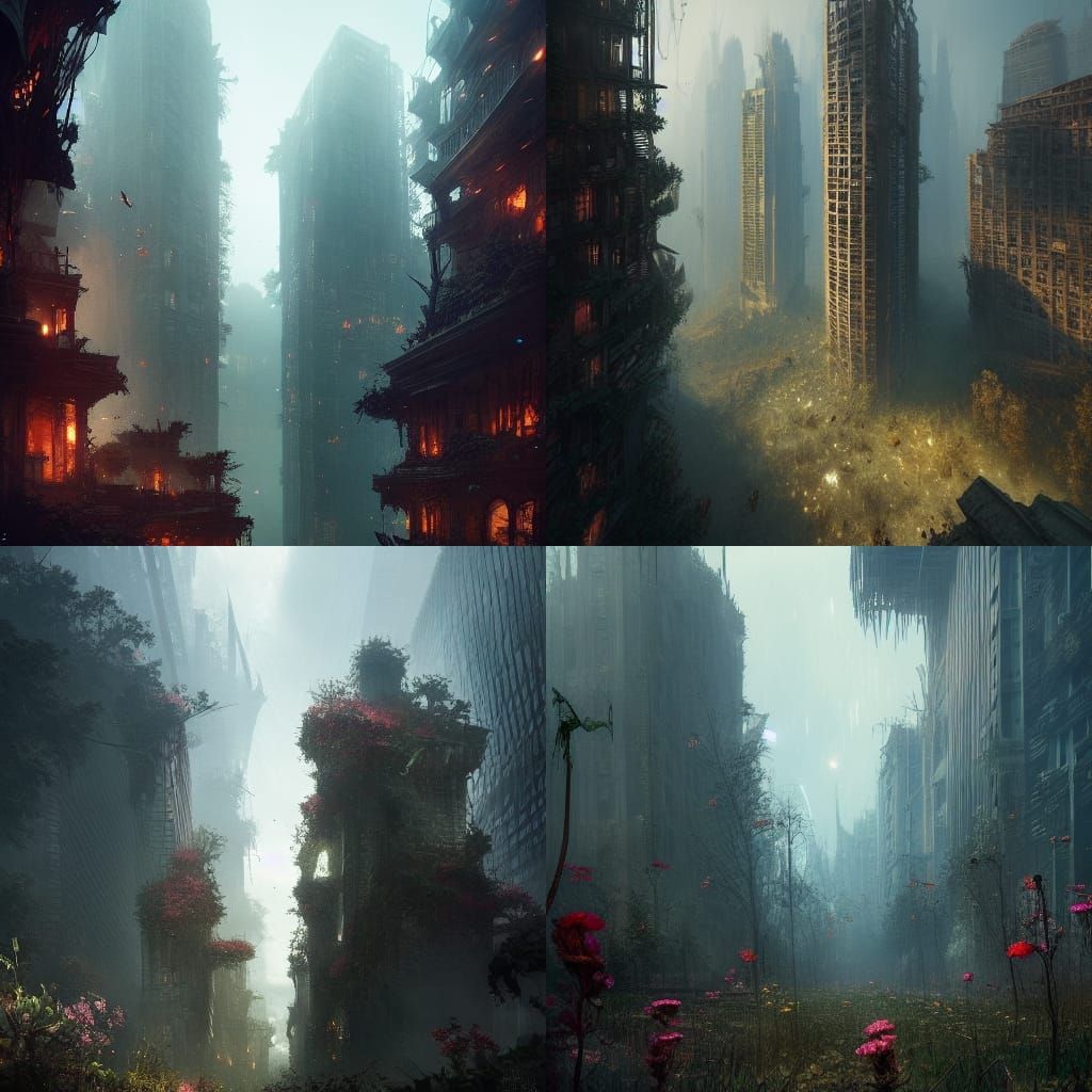 Nature Reclaims Collapsed City in Dark Fantasy Style
