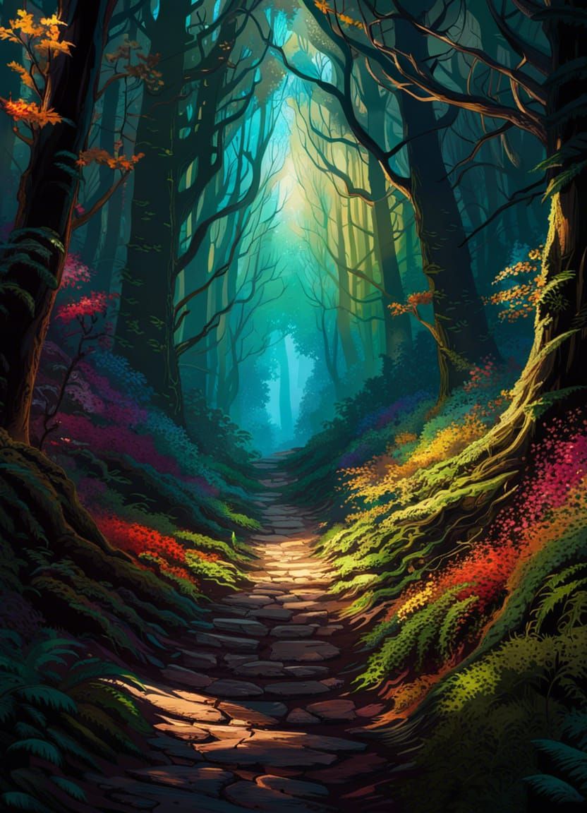 Hyperrealistic Forest Path with Deep Shadows