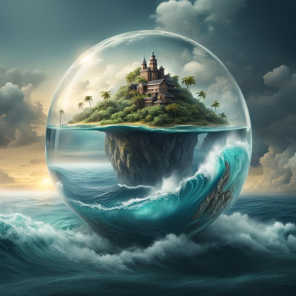 Island and Ocean Contained in Glass Sphere