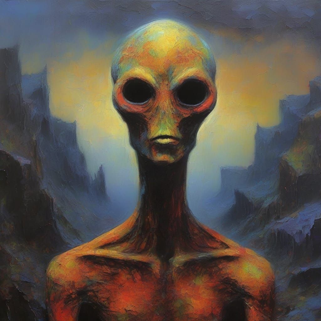 Surreal Oil Painting of Alien in Dark Landscape