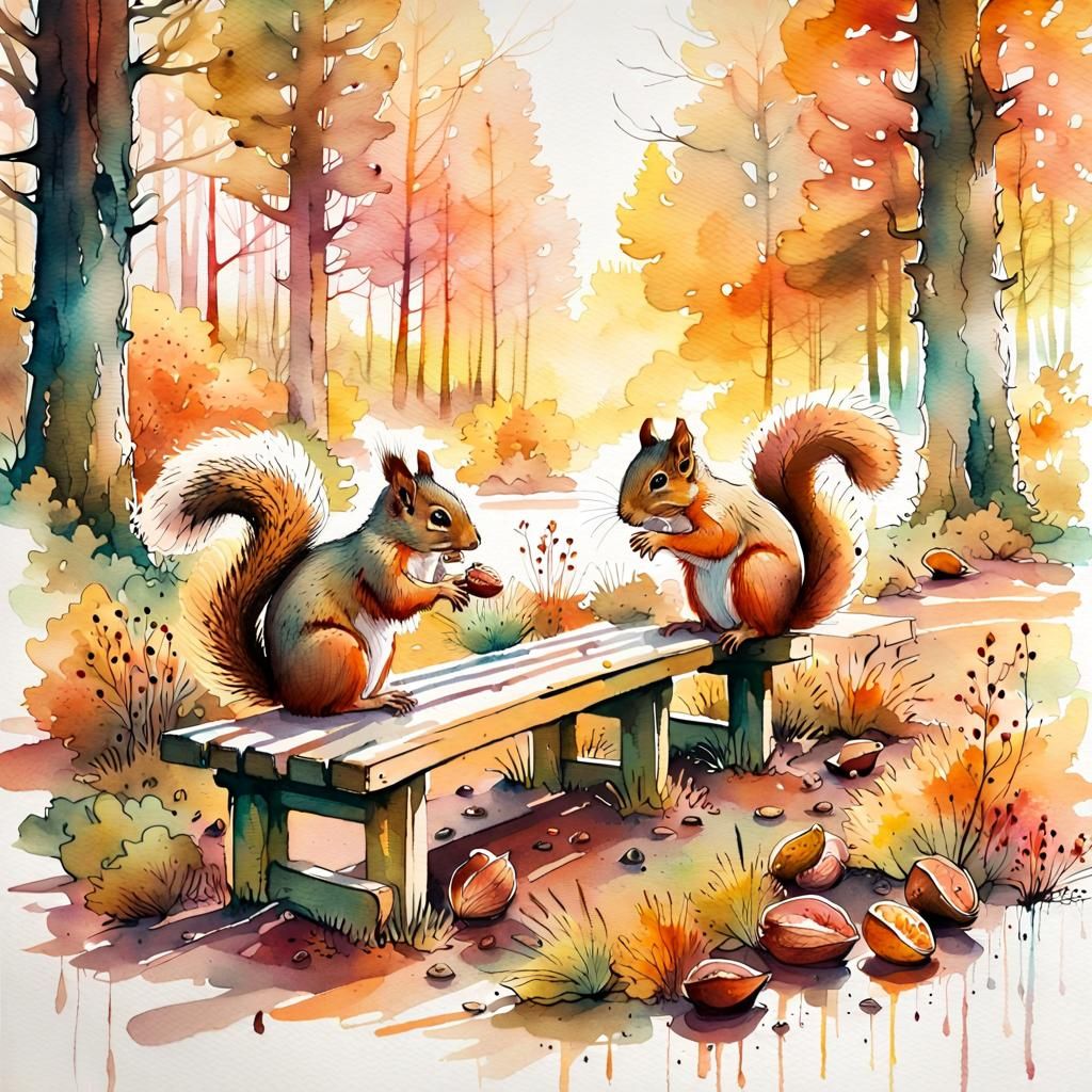 Autumn Squirrels in Watercolor Landscape