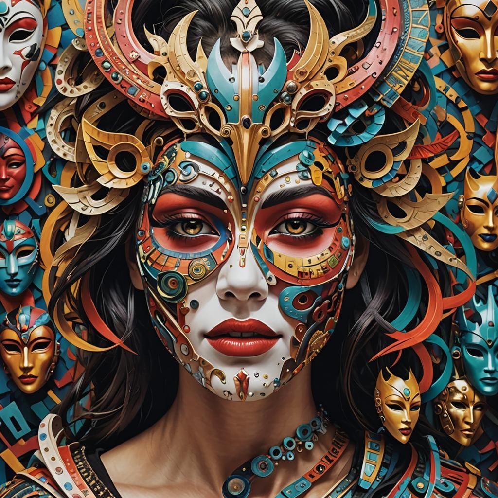 Surreal Woman Disassembling Face Made of Cultural Masks