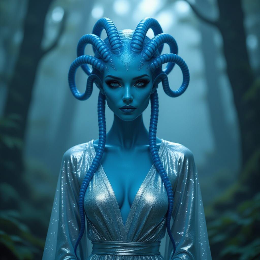 Elegant Blue Alien Woman in Misty Forest