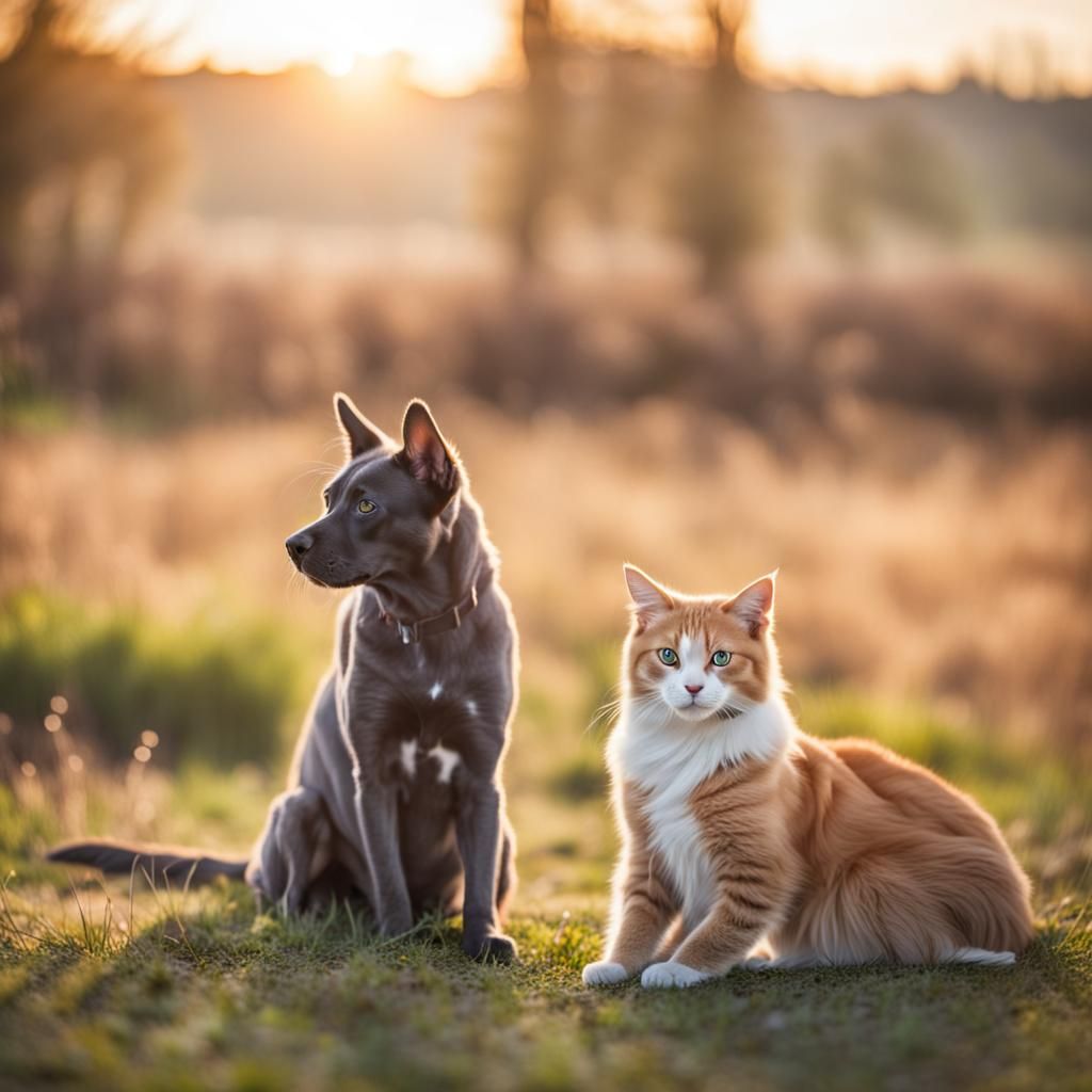 Cat and Dog Sitting Together in Sunlight