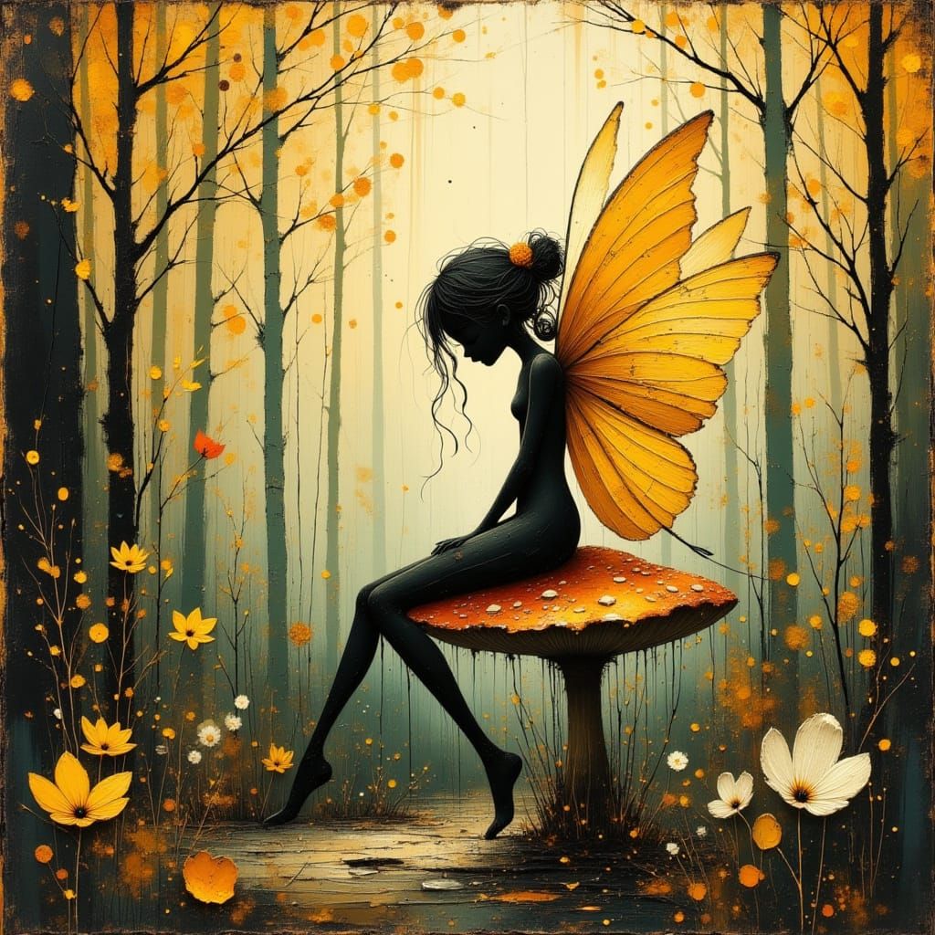 Cute Fairy on Toadstool in Sunlit Autumn Forest