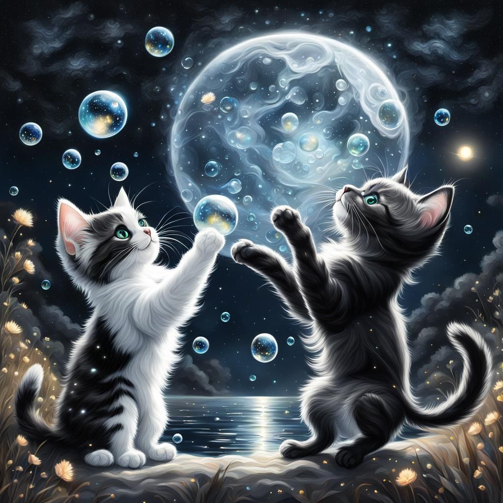 Kittens Play Under Starry Night Sky