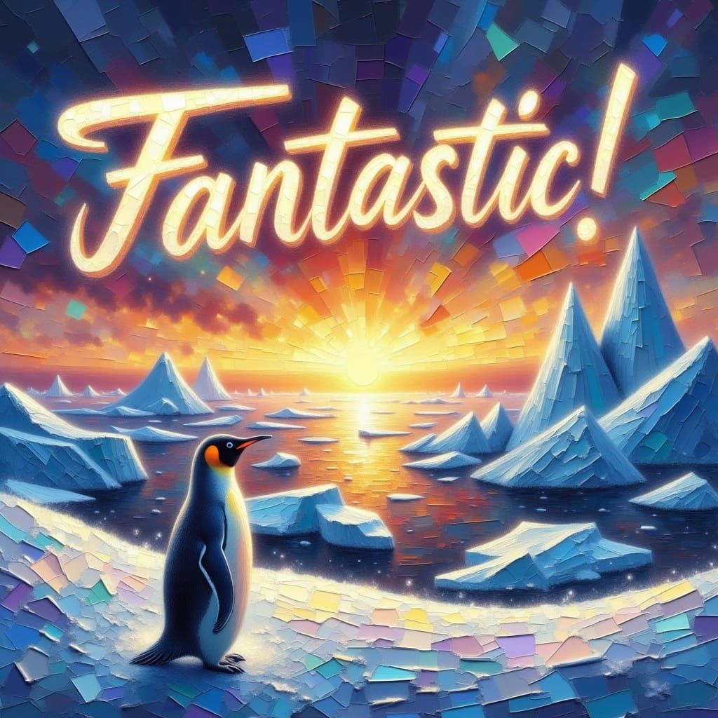 Luminous Arctic Sunset with Penguin and Ethereal Glowing Let...