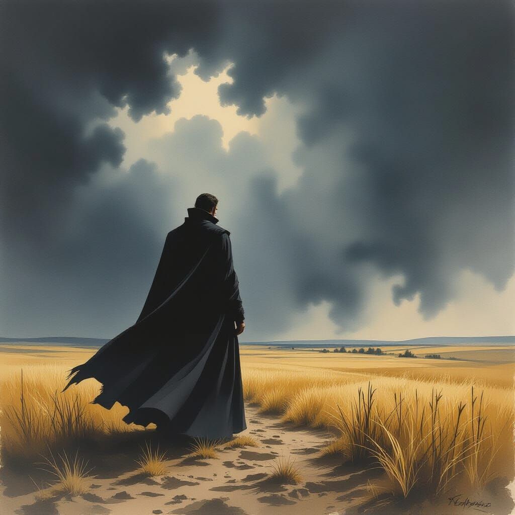 Lone Leader on Desolate Plain in Stormy Watercolor