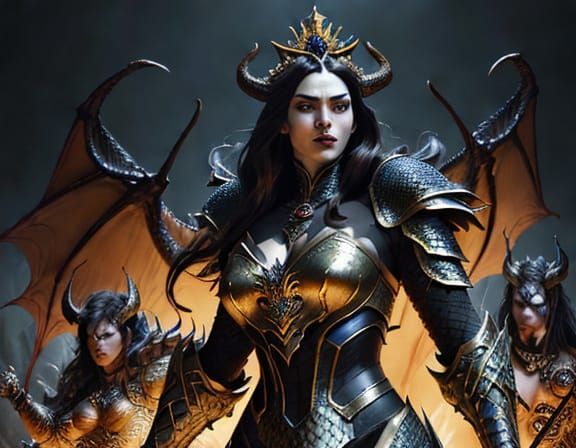 Regal Fantasy Warrior Surrounded by Colored Dragons in a Dar...