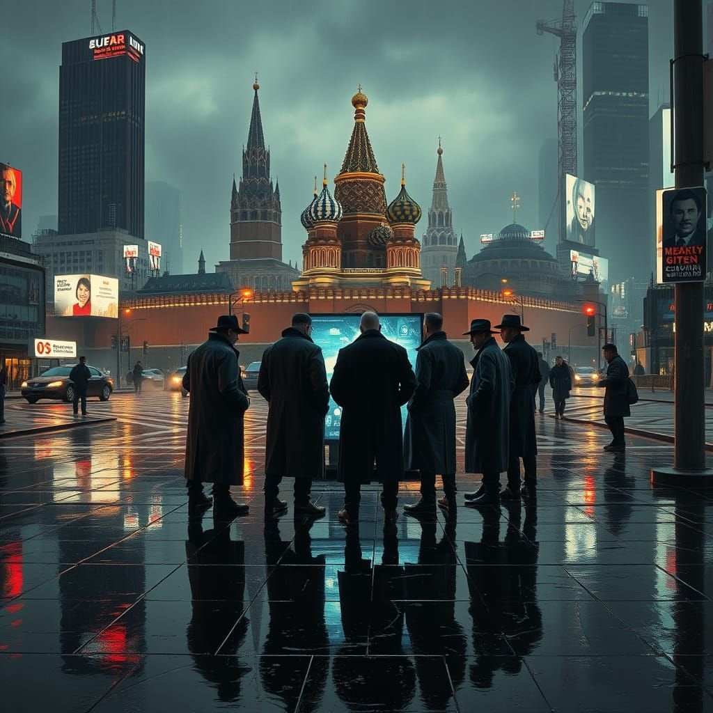 Cyberpunk Scammers Huddle in Moscow's Rainy Kremlin