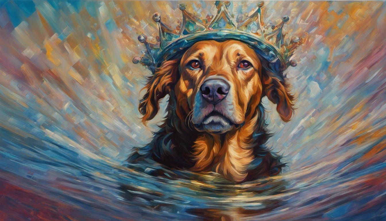 Dog Wearing Crown in Expressionist Oil Painting