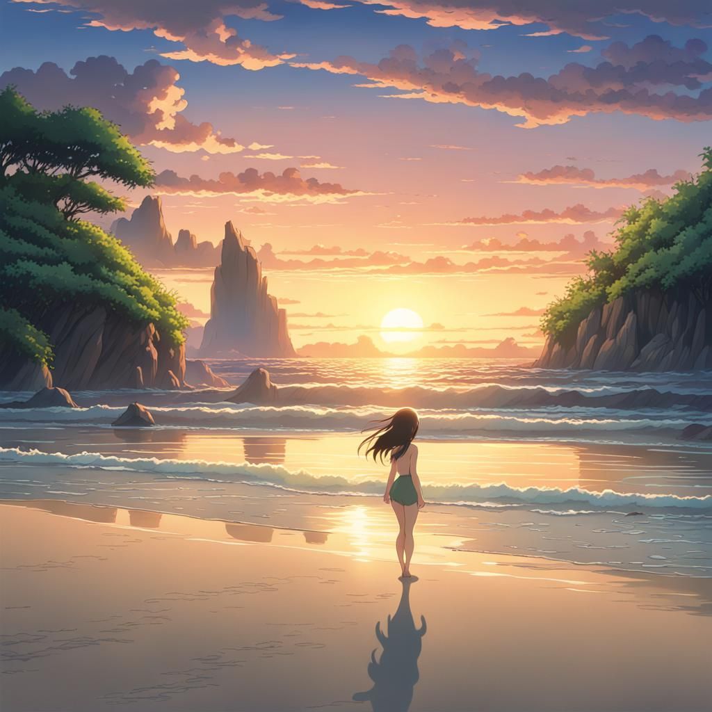 Beach Sunset with Mermaid in Anime Style