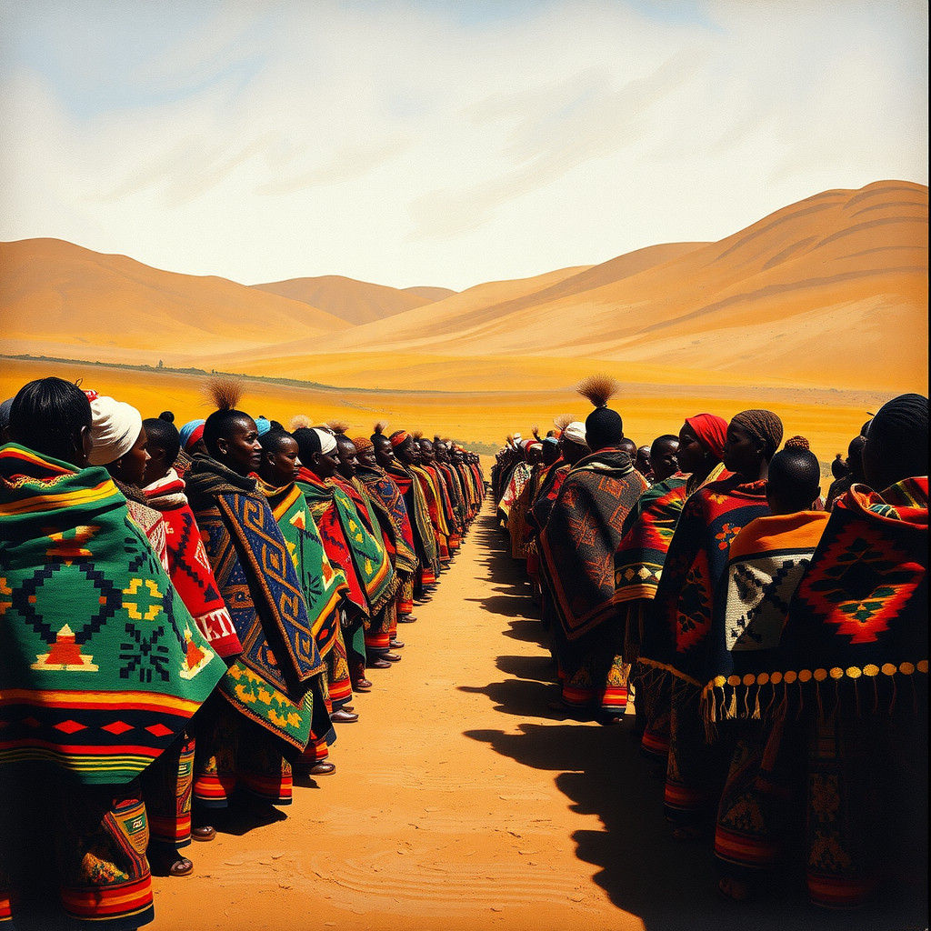 Basotho People in Traditional Blankets on Sunny Landscape