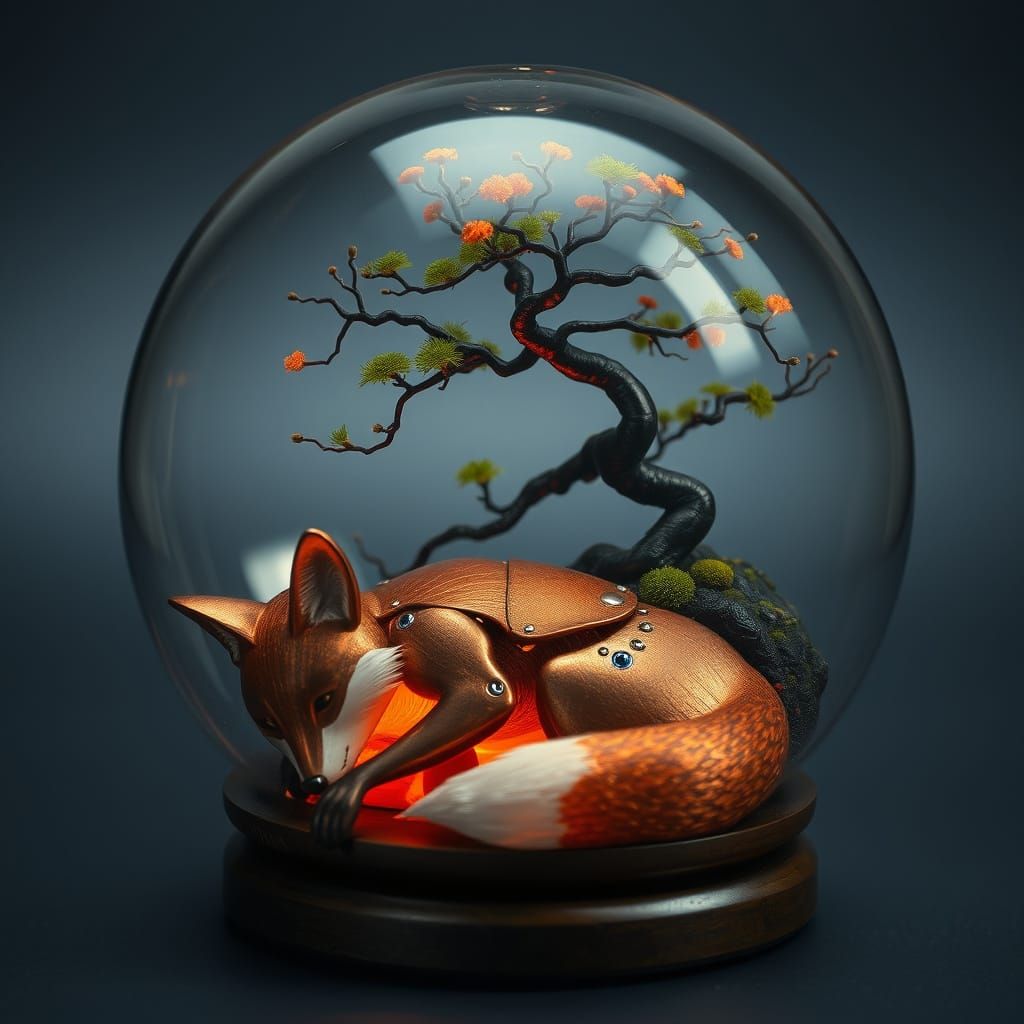 Mechanical Copper Fox Dreaming Under Bonsai Tree