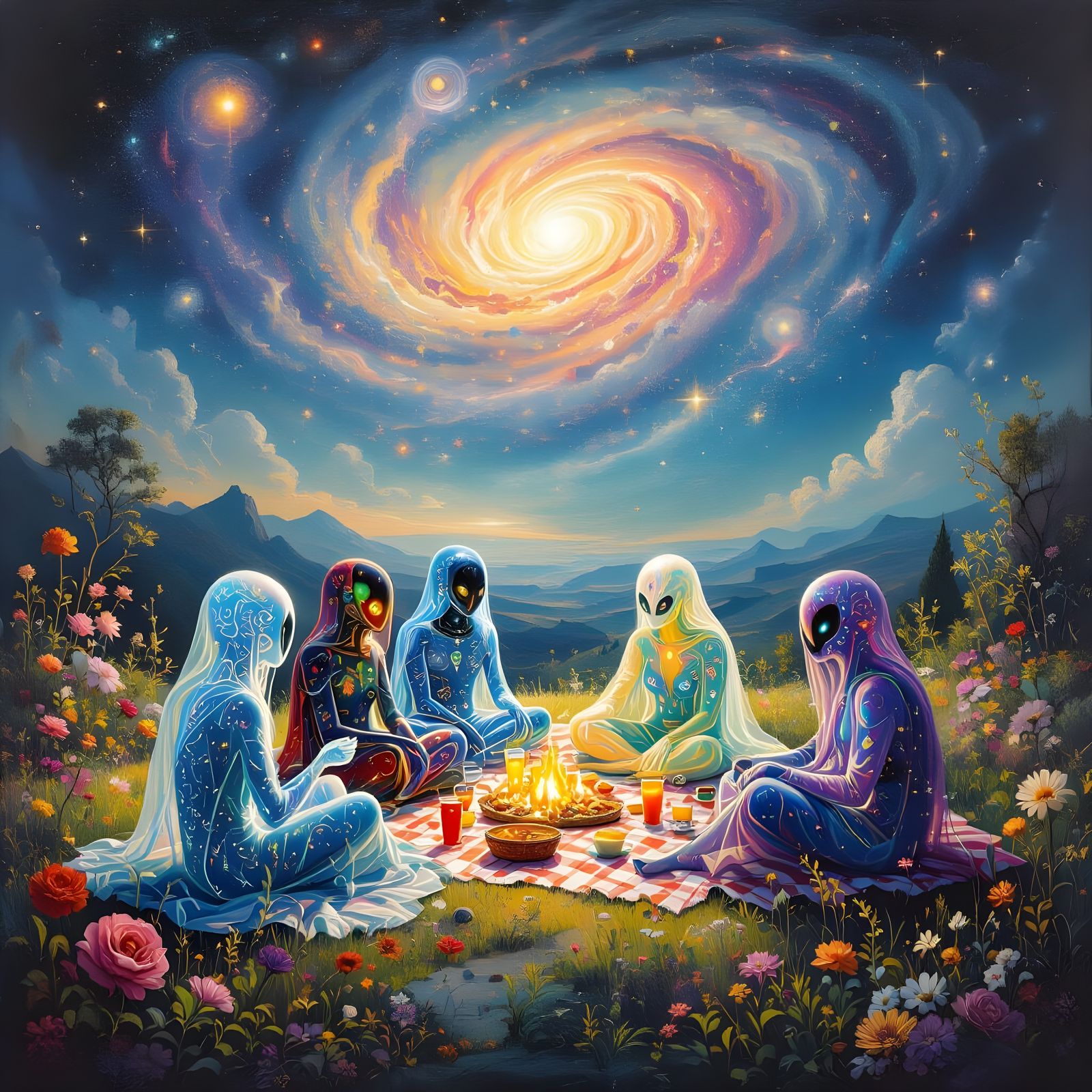 Surreal Oil Painting of Ethereal Beings on Celestial Picnic