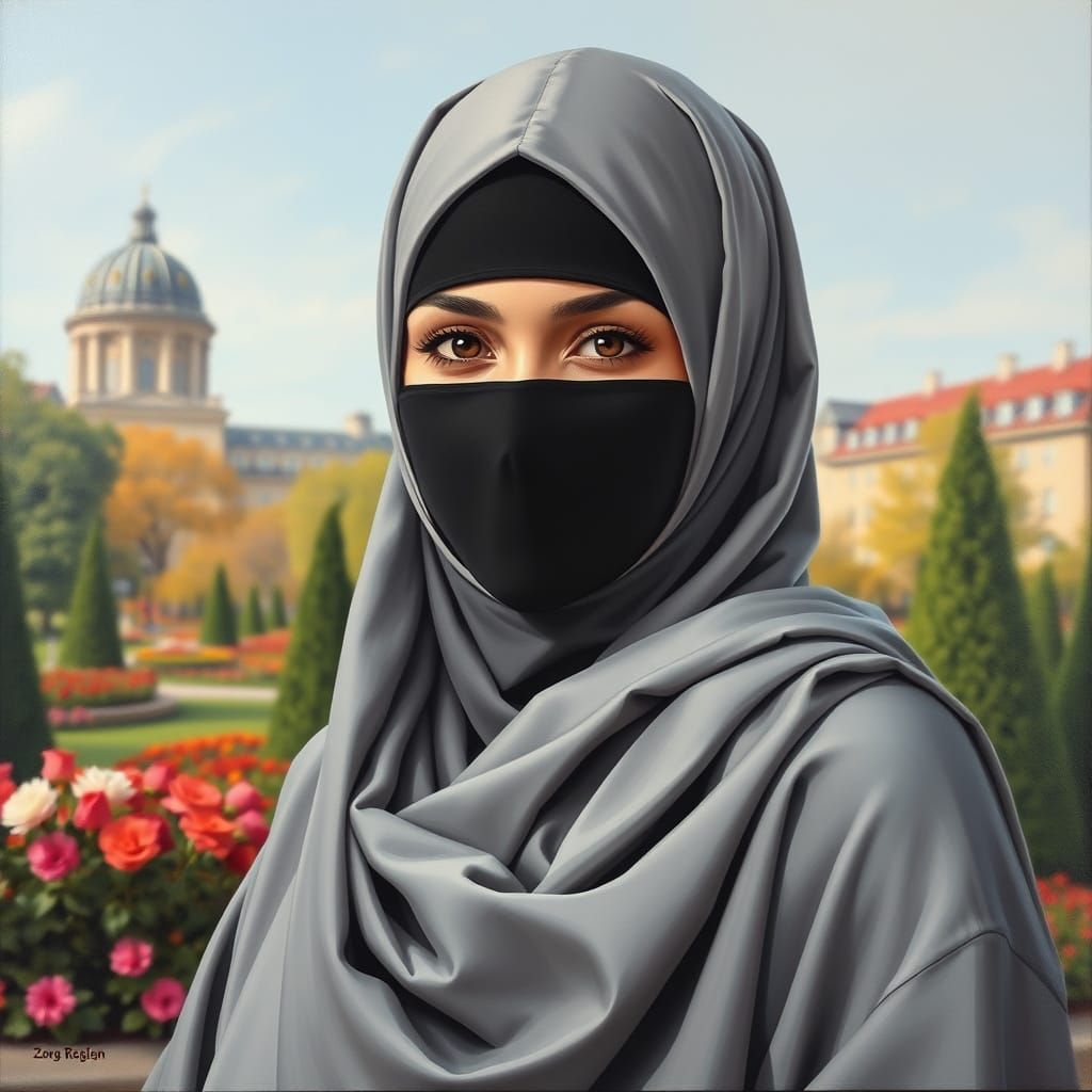 Oil Painting Portrait of a German Woman in Grey Hijab and Ho...