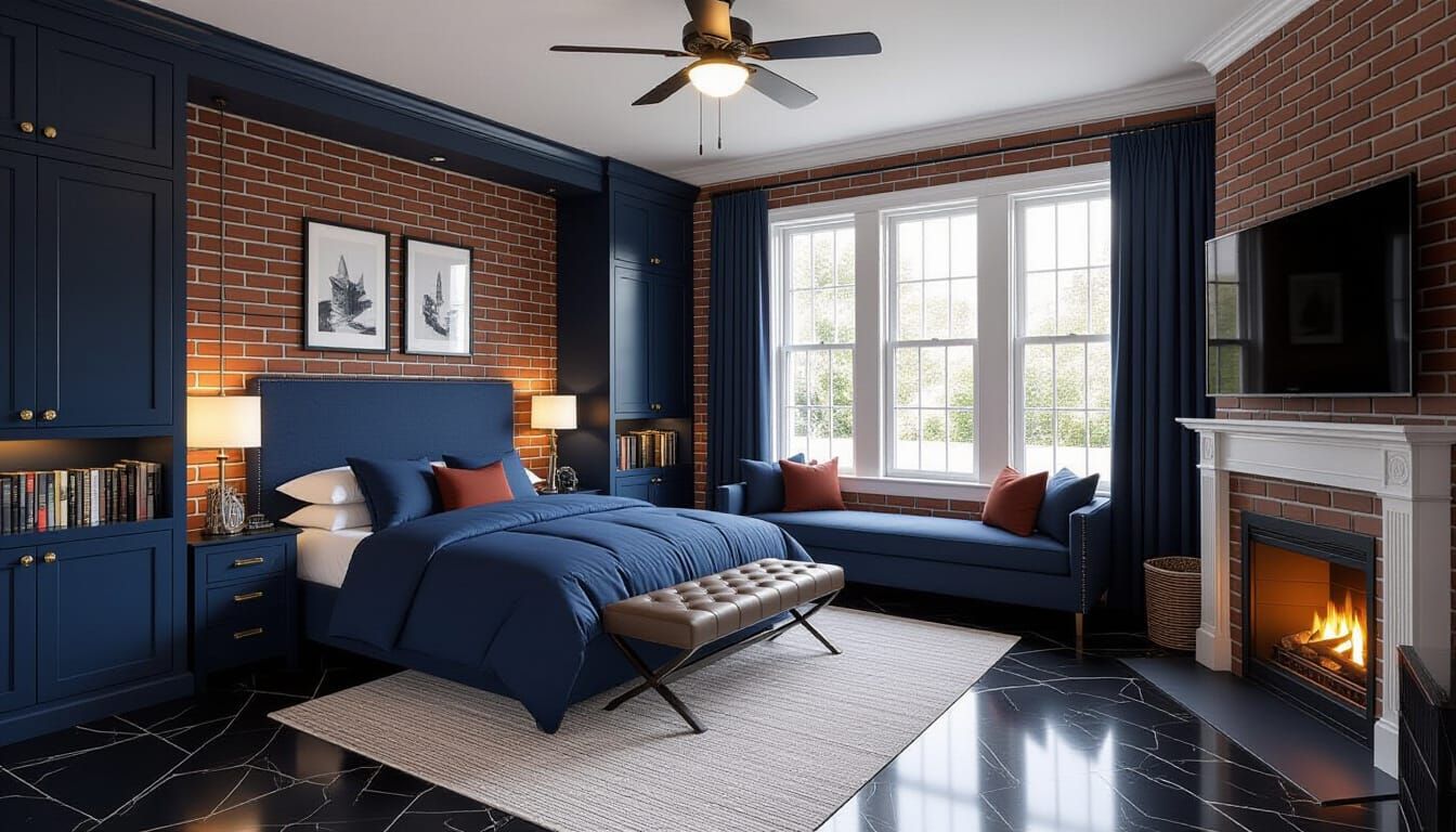 Victorian Bedroom Design: Navy Blue & Brick